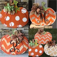 pumpkins decorated with monogrammed ribbon and bows