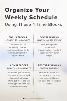 a poster with the words organize your weekly schedule using these 4 time blocks