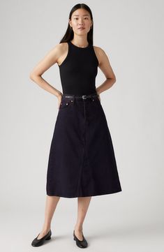 Elevate denim day with this nonstretch midi skirt cut in a timeless A-line silhouette and cast in a chic dark wash. Zip fly with button closure Five-pocket style 100% cotton Machine wash, tumble dry Imported Deconstructed Denim, Denim Day, Denim Midi Skirt, Denim Design, Dark Art, Denim Skirt, Levi's, Midi Skirt, High Waist