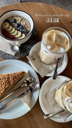 there are three desserts on the table and two cups of coffee next to each other