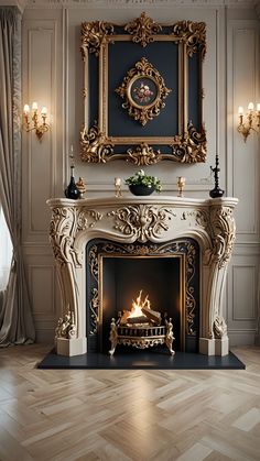 an ornate fireplace in a living room with wood flooring and gold trimmings