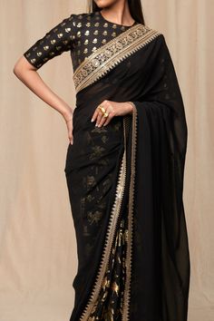 Black Organza Saree, Wedding Lookbook, Indian Bridal Sarees, Raw Silk Fabric, Border Saree, Print Saree, Saree Designs Party Wear, Embroidered Border, Black Saree