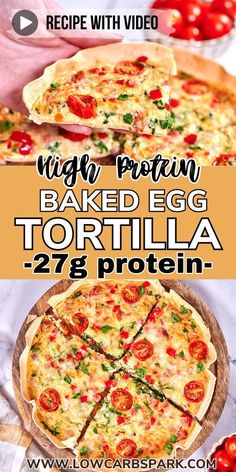 a pizza sitting on top of a wooden pan covered in cheese and toppings with the words vegan protein baked egg tortilla