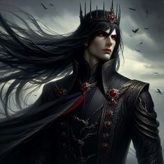 a woman with long black hair and red eyes in a dark costume, standing on a cloudy day