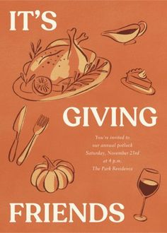 it's giving friends an orange card with thanksgiving food and wine on it,