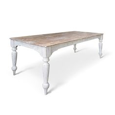 an old white table with wooden legs and a wood top, on a white background