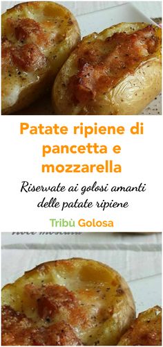 three different types of baked breads on a white plate with the words patate ripiene di pancetta e mozzarella mozzarella