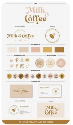 the logo design for milk and coffee is shown in gold, white, and brown