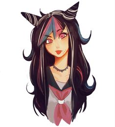 an anime character with long hair and horns on her head, wearing a bow tie