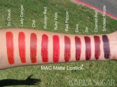 ⇜✧≪∘∙✦♡✦∙∘≫✧⇝ Mac Captive, Mac Red Lipsticks, Mac Lipstick Swatches, Lipstick Jungle, Lady Danger, Russian Red, Ruby Woo, Mac Matte Lipstick, Batons Matte