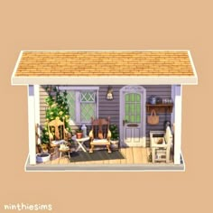 an image of a doll house with furniture in the front and side yard area on the outside