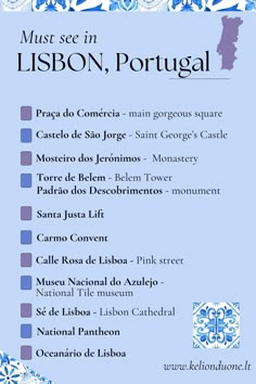 a blue and white poster with the words must see in lisbon, portugal