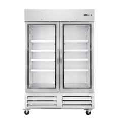 two glass door refrigerators with wheels on each side and doors open to the other side