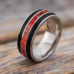 Unique Black & Red Men's Wedding Band Mens Wedding Bands Black, Black Tungsten Wedding Band, Gibeon Meteorite, Tungsten Wedding Band, Black Wedding Band, Black Jade, Traditional Engagement Rings, Meteorite Ring, Gazing Ball