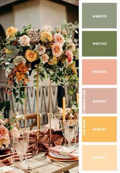 an image of a table setting with flowers and greenery on the centerpieces