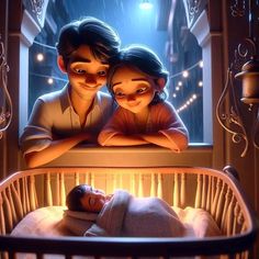 two people are looking out the window at a baby in a crib with lights on