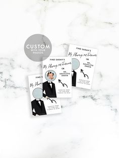 three wedding cards with the same photo on them and text that reads, custom made