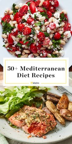 a plate with meat and vegetables on it next to the words 50 mediterranean diet recipes