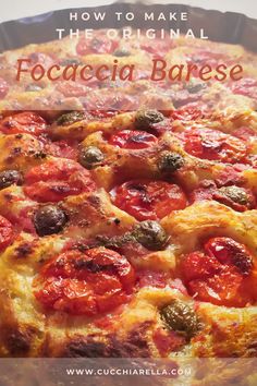 a close up of a pizza on a pan with the words how to make the original focaccia base