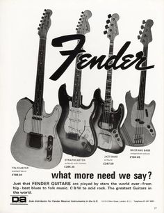 an advertisement for fender's guitars from the 1950's, featuring four electric guitars