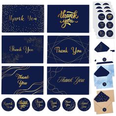 thank you cards and envelopes with gold foil on navy blue paper, surrounded by confetti