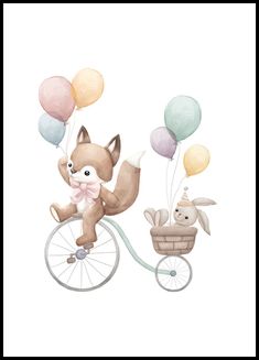 a fox riding on the back of a bike with balloons