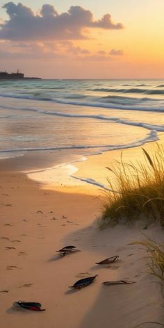 the sun is setting at the beach with footprints in the sand