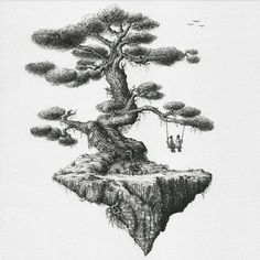 a pencil drawing of a tree on top of a cliff with two people hanging from it