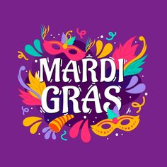 mardi gras lettering with masks and feathers