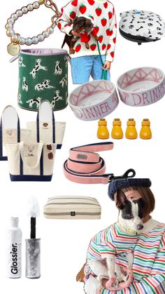 a collage of various items including a dog, purses, and other accessories