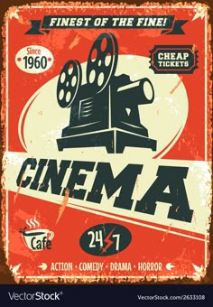 an old metal sign with the words cinema on it and a movie camera in front