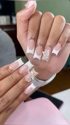 French Tip Square Nails With Gems, Nail Ideas Bling, Acrylic Toe Nails, Colored Acrylic Nails, Girly Acrylic Nails, French Tip Acrylic Nails, Short Square Acrylic Nails, Acrylic Nails Coffin Pink, Unique Acrylic Nails