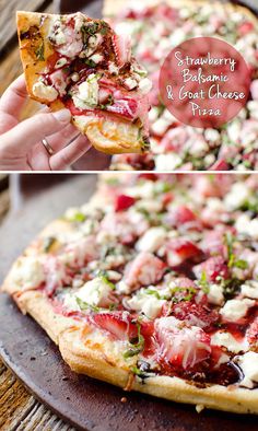 strawberry balsamoni goat cheese pizza with fresh herbs and feta cheese on top