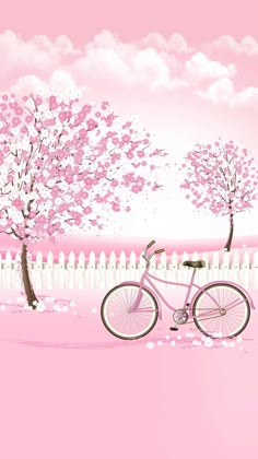 a pink bicycle is parked in front of a white picket fence with trees on it