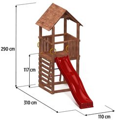 a wooden playset with a red slide and measurements for the top part of it