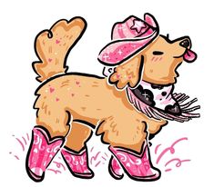 a drawing of a dog wearing pink cowboy boots and a hat holding a frisbee