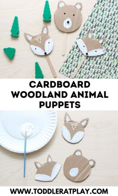 cardboard woodland animal puppets and paper plates on a table with the title card board woodland animal puppets