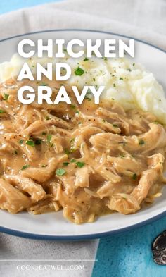 chicken and gravy on a plate with mashed potatoes in the foreground