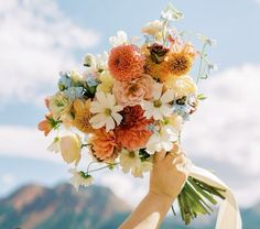 a person holding a bouquet of flowers in front of a mountain range with blue sky and clouds