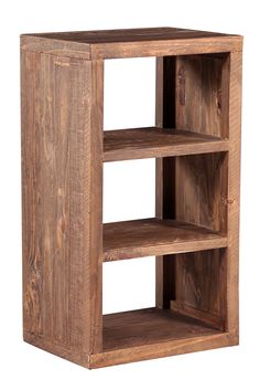 a wooden shelf with three shelves on one side and two open spaces on the other