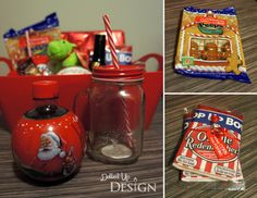 some candy and candies are sitting on the table next to a red container with santa's helpers