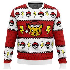 a red and white sweater with an image of pikachu in the center, lightning bolt