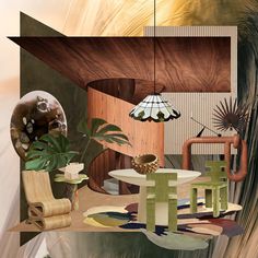 an abstract painting with furniture and plants in the center, including a lamp hanging over a table