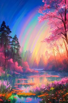 A charming, rainbow-colored river gracefully flows through a forest, creating a captivating scene of nature's wonder in a digital artwork. Pure Wonder, Rainbow River, The Light Is Coming, Fantasy Forest, Soul Art, Rainbow Art, Cellphone Wallpaper, Me When, Fantasy World