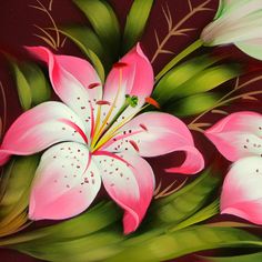 a painting of pink and white flowers with green leaves