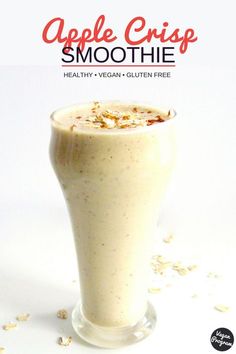 an apple crisp smoothie in a tall glass on a white background with text overlay