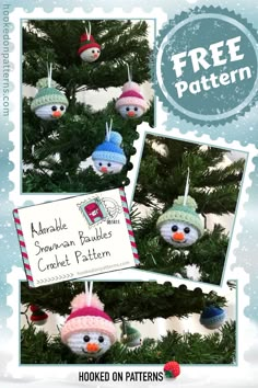 two snowman ornament ornaments hanging from a christmas tree with free pattern on it