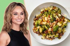 a woman is smiling next to a bowl of broccoli and potatoes with a fork in it