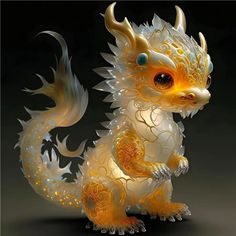 a white and yellow dragon figurine sitting on top of a table