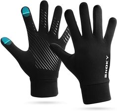 a pair of black gloves with blue fingertipss